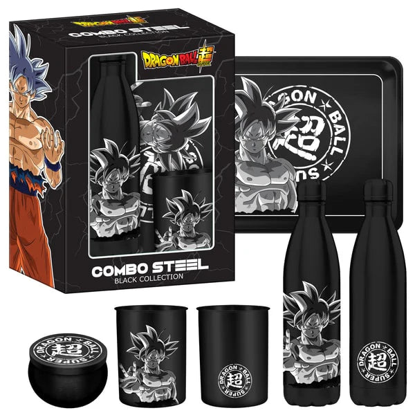 Coffret cadeau Goku ultra Instinct : Bouteille d'eau en métal Isotherme 500ml, verre et plateau